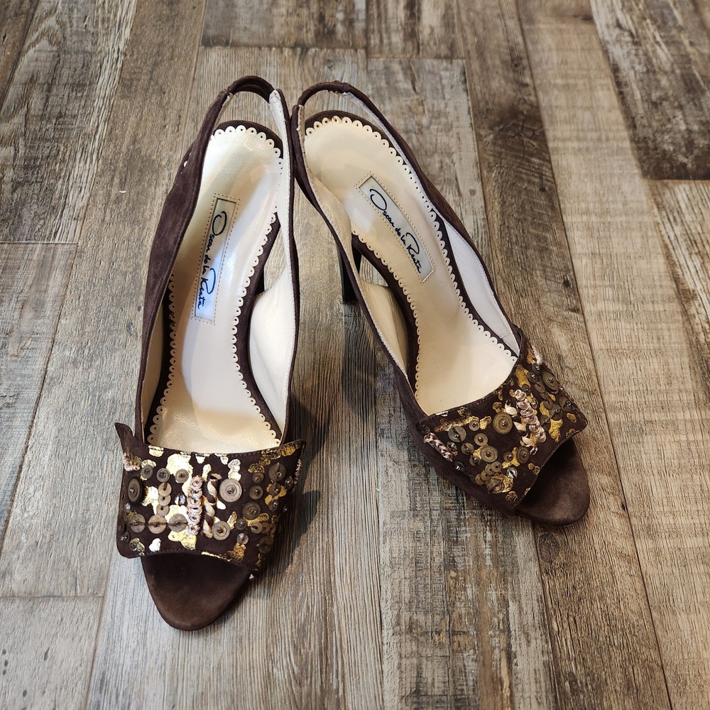 Oscar de la Renta Brown Suede Embellished Bow Slingback Peep Toe Heels 37.5/7.5